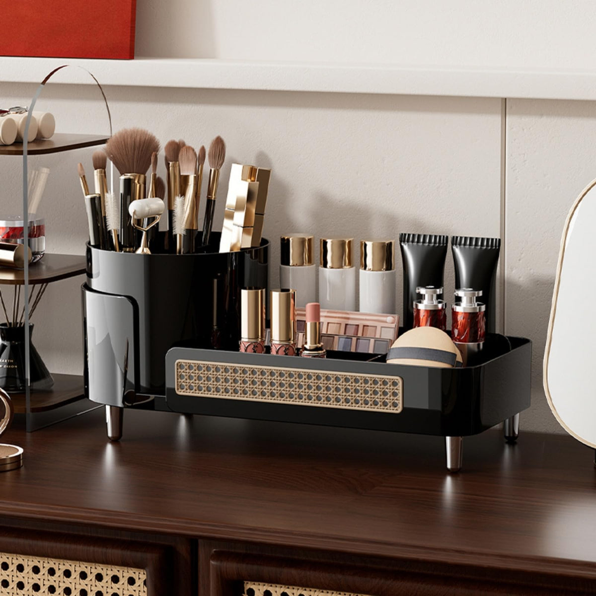 Booklov Rotating Makeup Organizer on vanity with skincare products