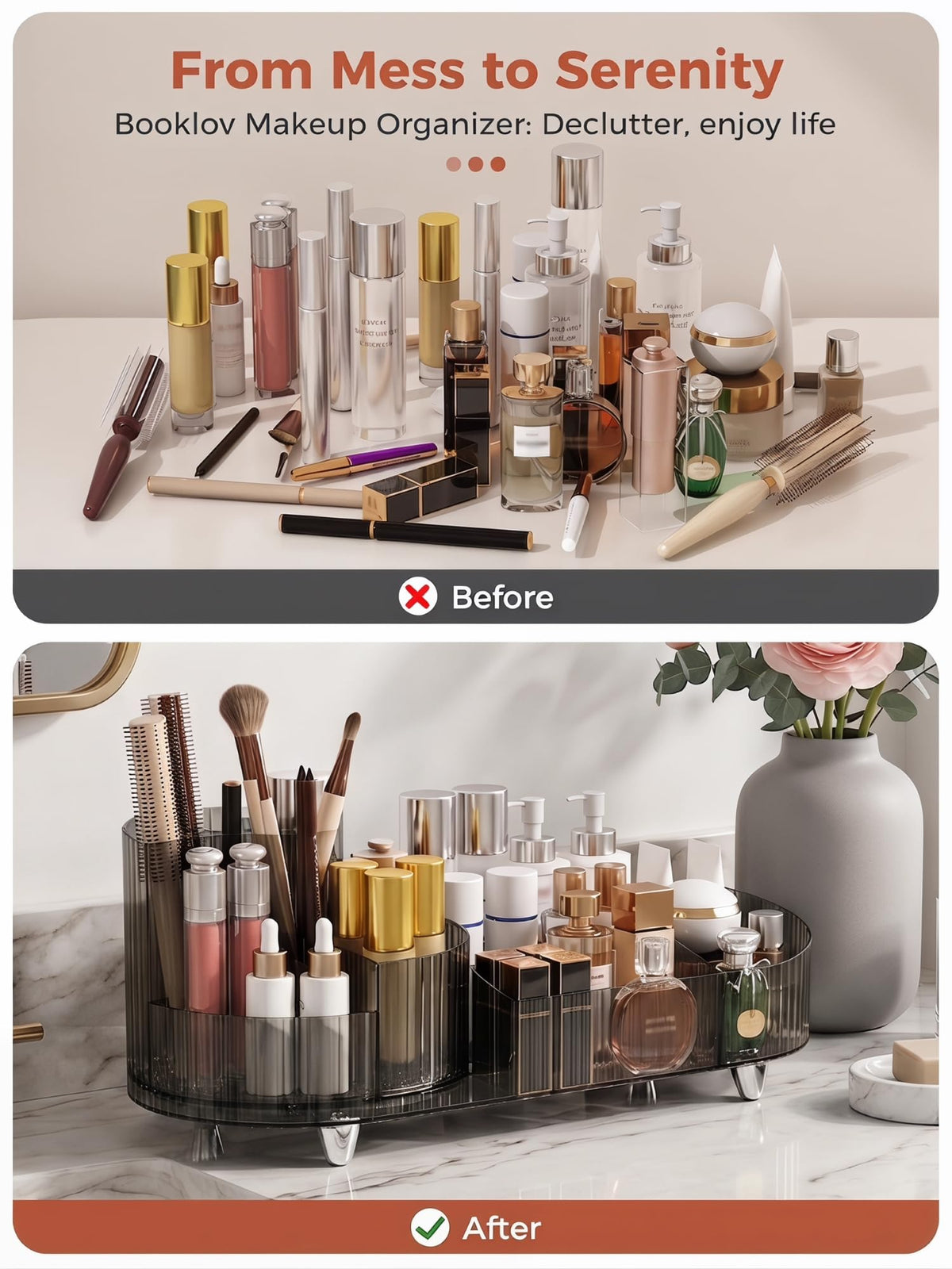 Booklov Rotating Makeup Organizer showing large capacity for bottles