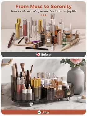 Booklov Rotating Makeup Organizer showing large capacity for bottles