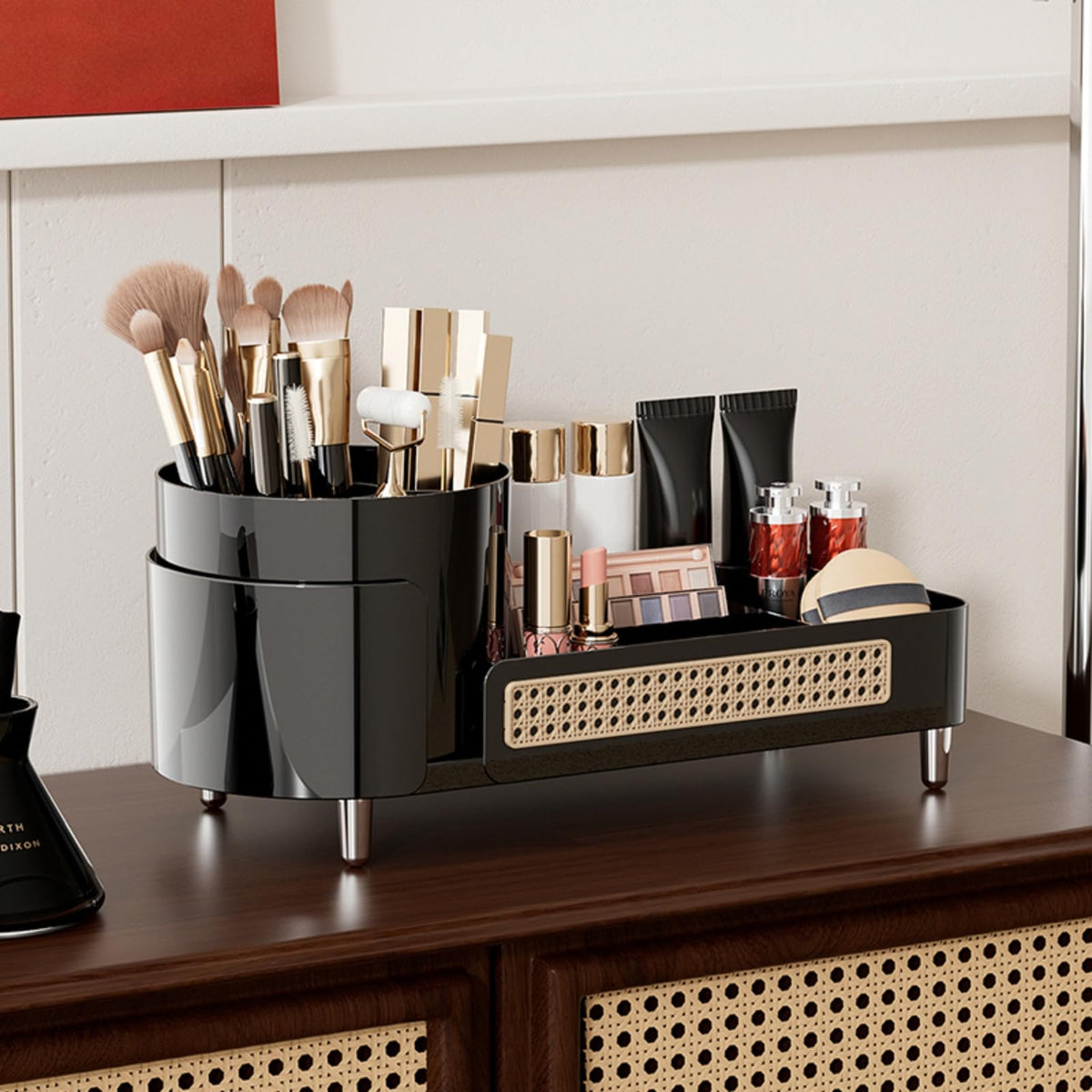 Booklov Rotating Makeup Organizer side view with makeup inside