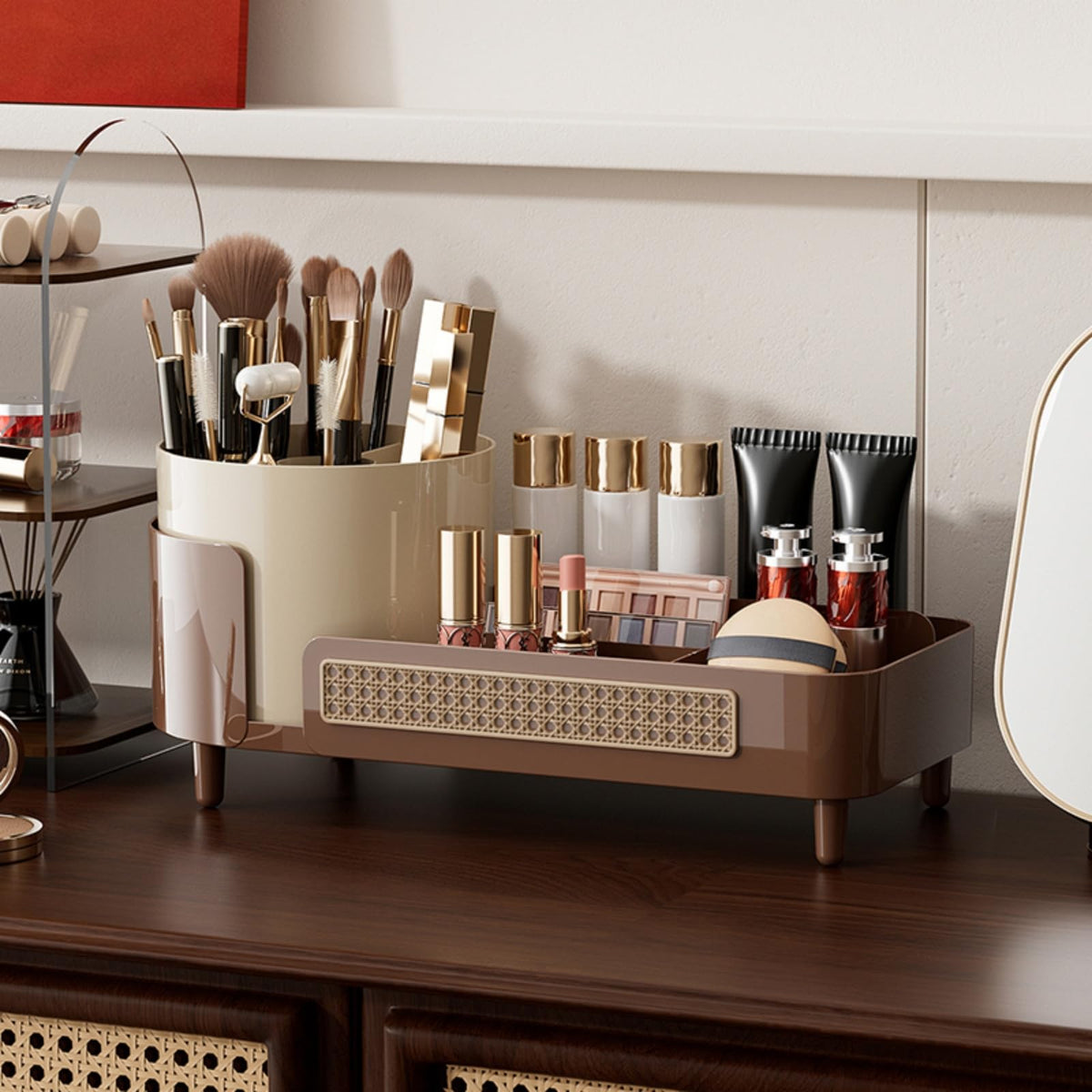 Booklov Rotating Makeup Organizer side view with skincare bottles