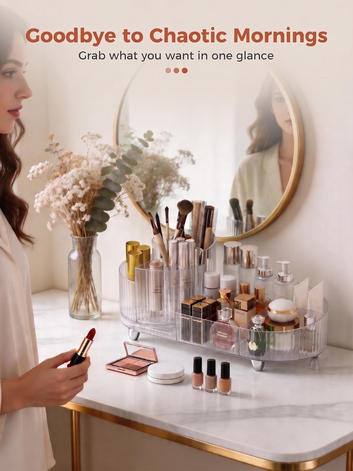 Booklov Rotating Makeup Organizer with lipsticks and brushes