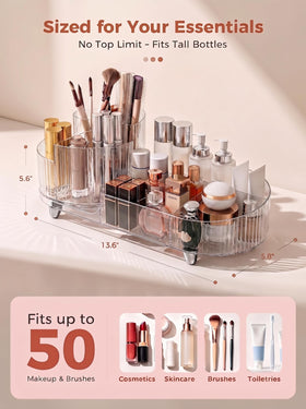 Booklov Rotating Makeup Organizer with makeup and skincare products