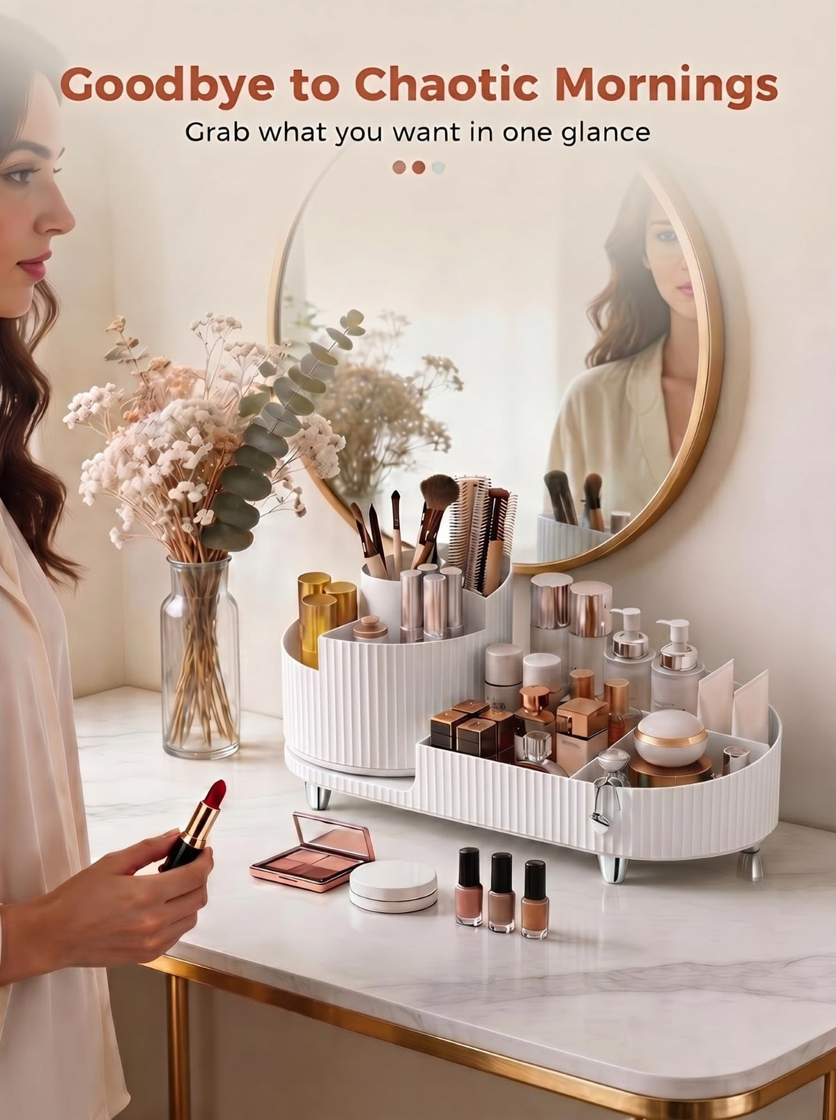 Booklov Rotating Makeup Organizer with makeup brushes displayed