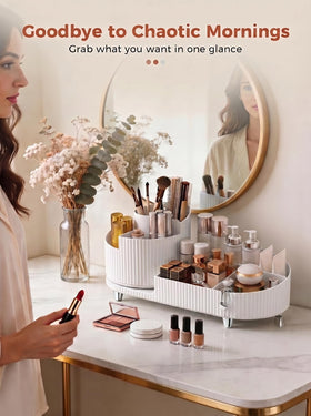 Booklov Rotating Makeup Organizer with makeup brushes displayed