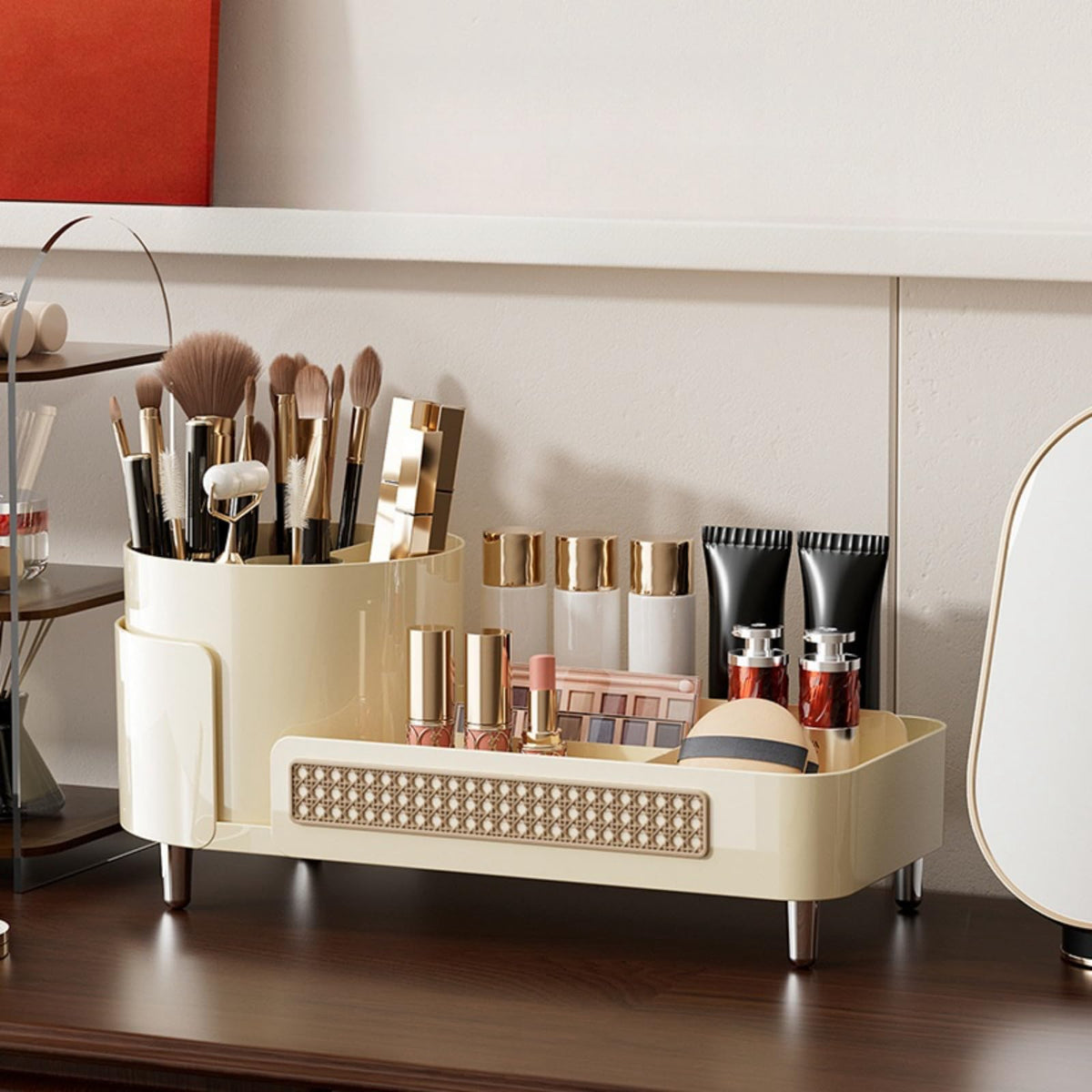 Booklov Rotating Makeup Organizer with various makeup items displayed