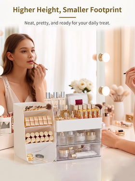 Booklov Small Makeup Organizer on a vanity with makeup items