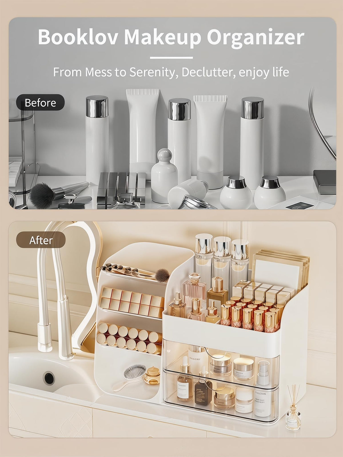 Booklov Small Makeup Organizer with lipsticks and brushes
