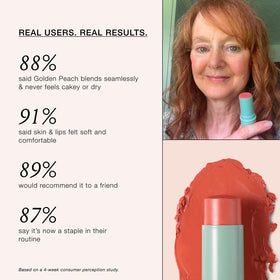 BOOM! Boomstick Golden Peach® application on lips and cheeks