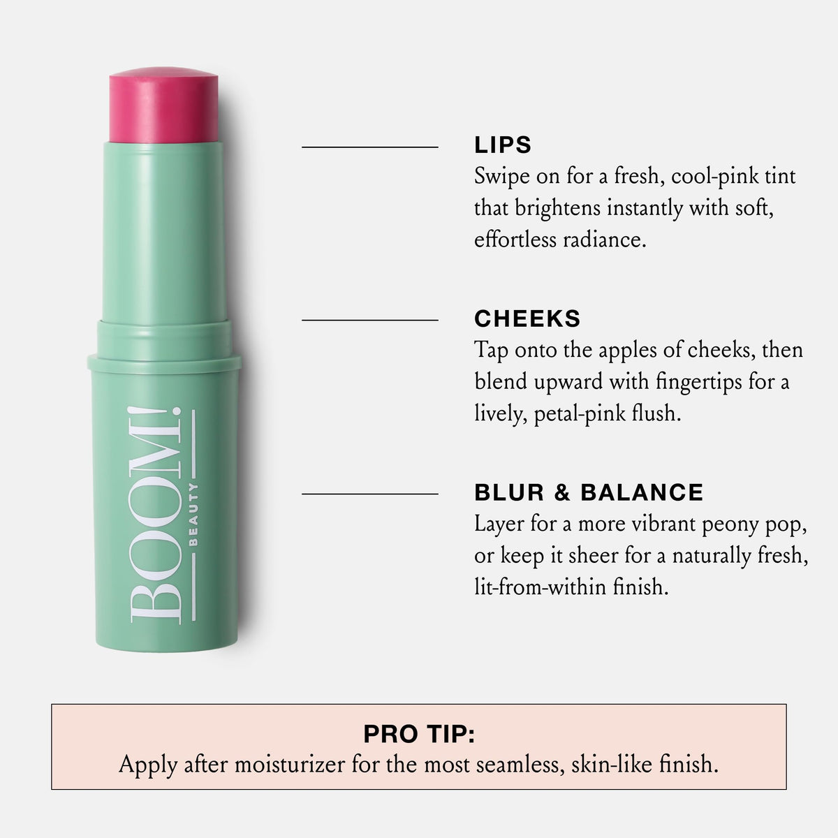 BOOM! Peony Pink Multistick applied on lips