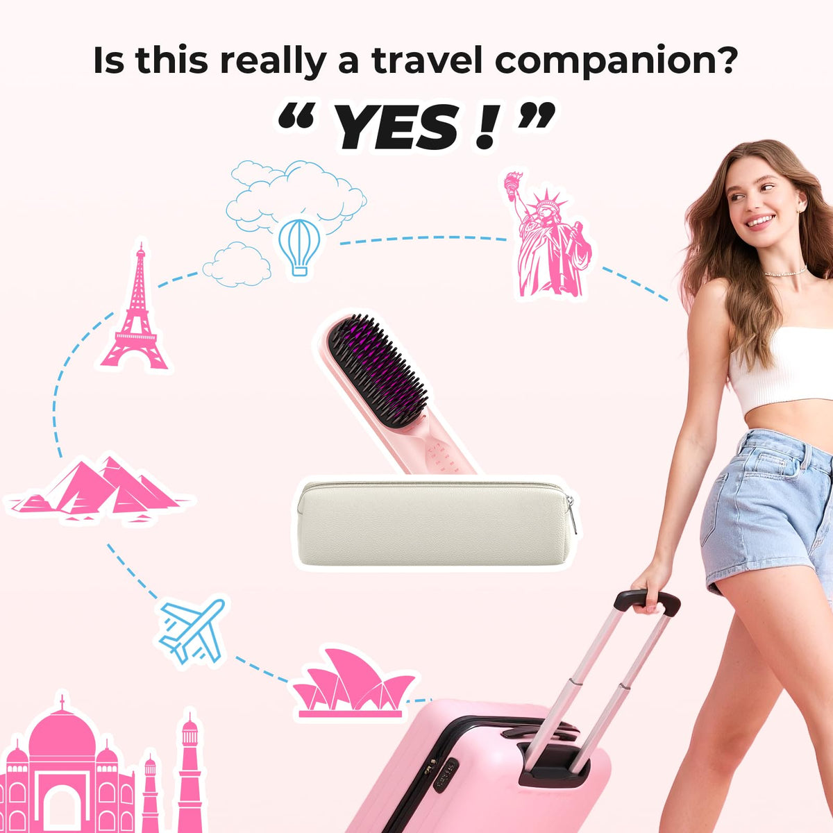 Bopcal Cordless Hair Straightener Brush in travel bag