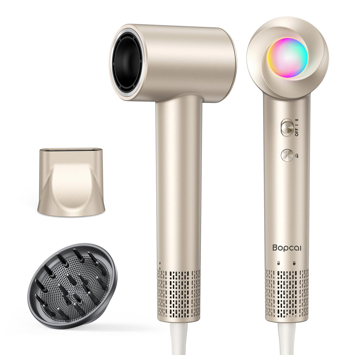 Bopcal Hair Dryer front view with diffuser attachment