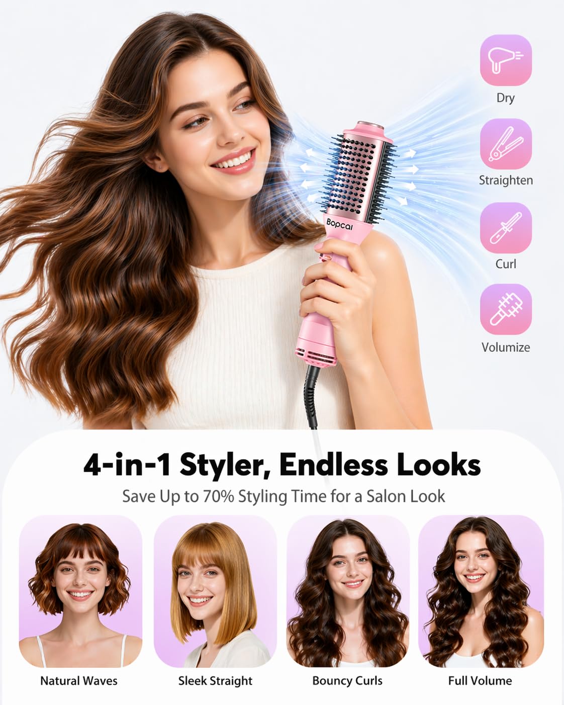 Bopcal Travel Hair Dryer Brush compact design on a table
