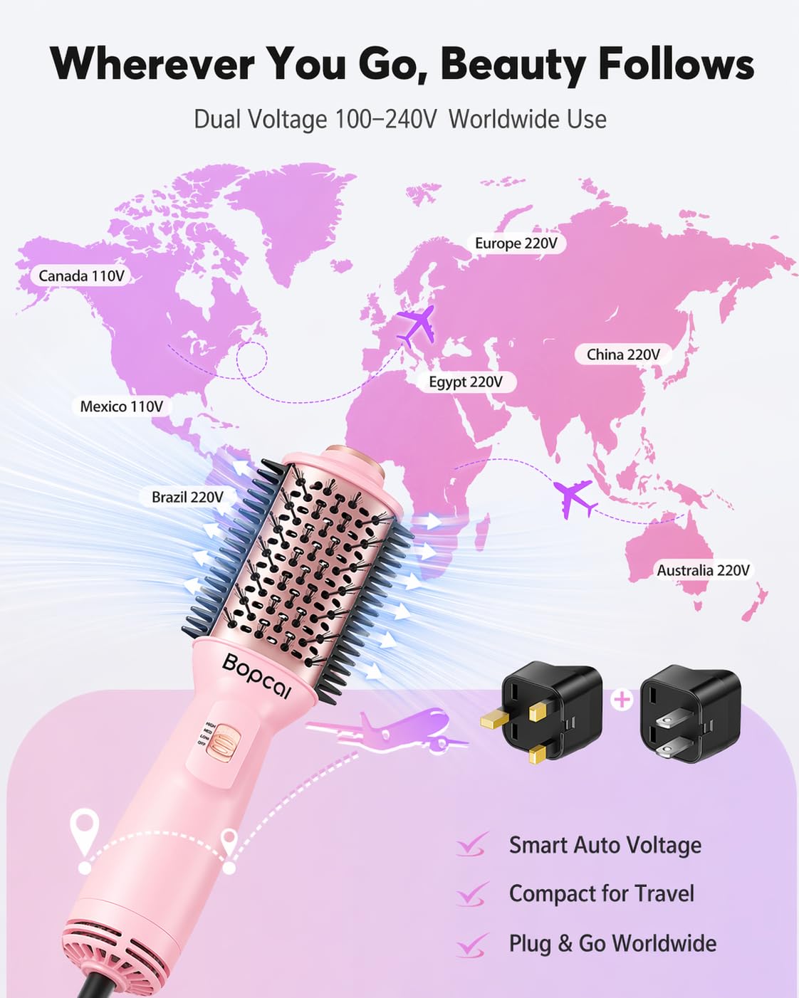 Bopcal Travel Hair Dryer Brush in a travel bag