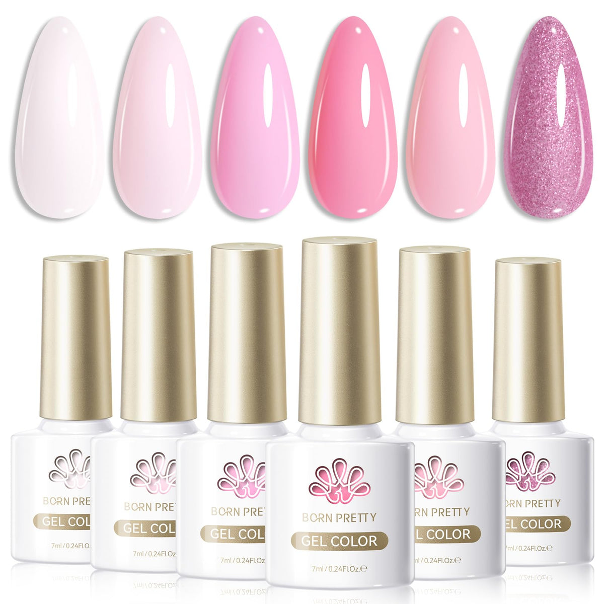 Born Pretty 6 bottles of pink gel nail polish set front view