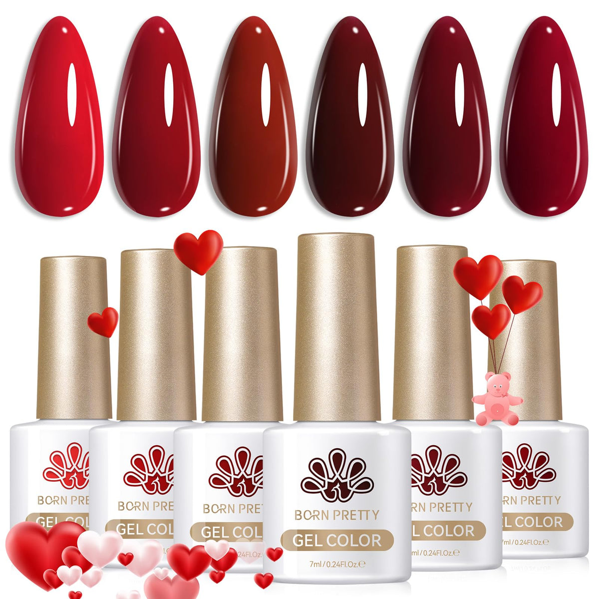 Born Pretty Burgundy Gel Nail Polish Set 6 Bottles Front View