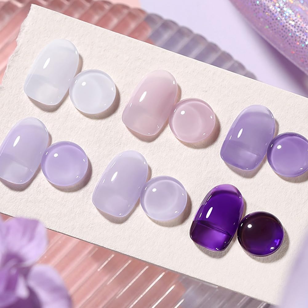 Born Pretty Jelly Purple Gel Nail Polish Set front view with six bottles