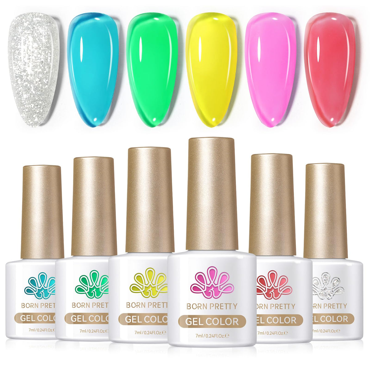 Born Pretty Neon Gel Nail Polish Set with six colours and silver glitter
