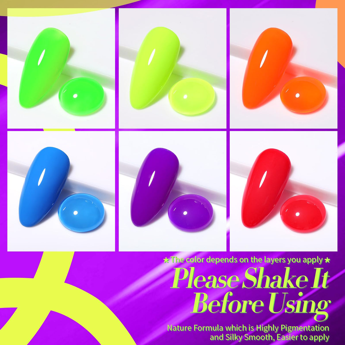 Born Pretty Neon Gel Nail Polish vibrant colours display