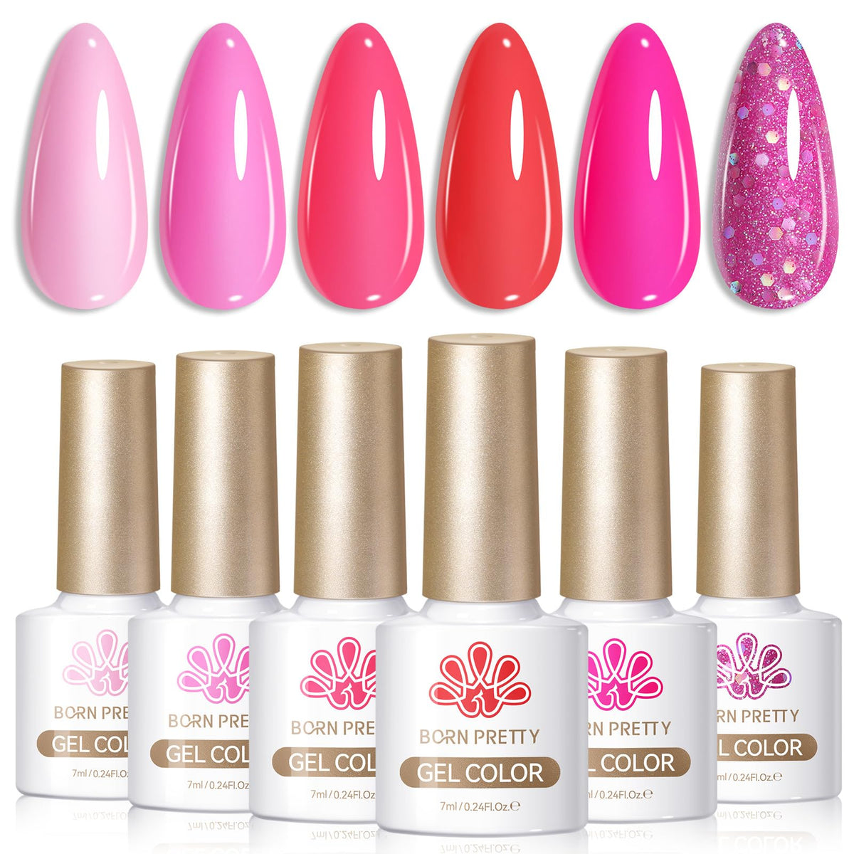Born Pretty Neon Hot Pink Gel Nail Polish Set with 6 bottles
