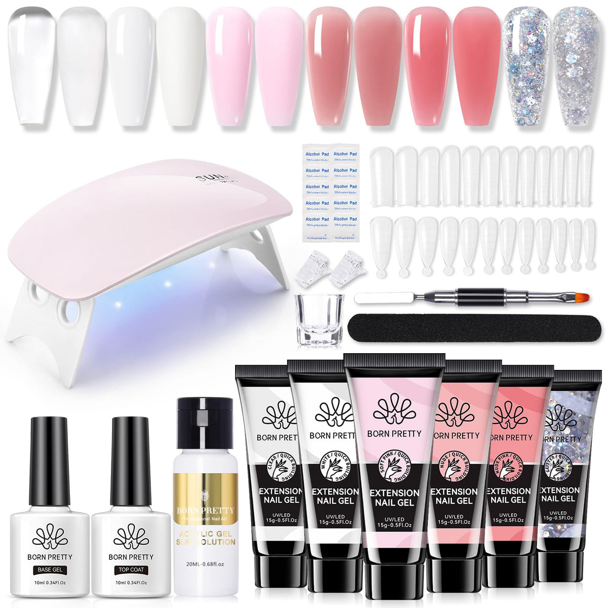 Born Pretty Poly Nail Extension Gel Kit with all components displayed