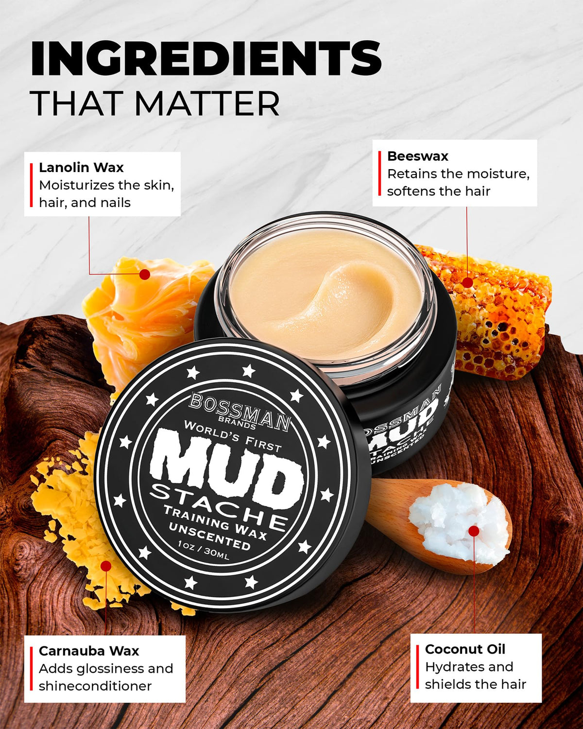 Bossman MUD Mustache Wax close-up showing texture