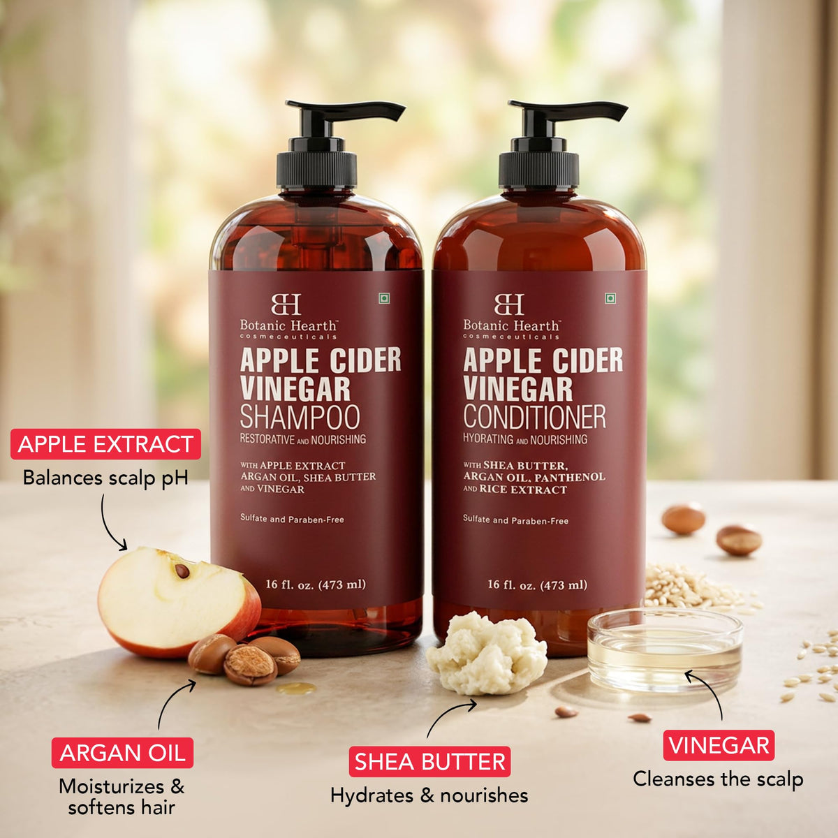Botanic Hearth Apple Cider Vinegar Shampoo and Conditioner set displayed together