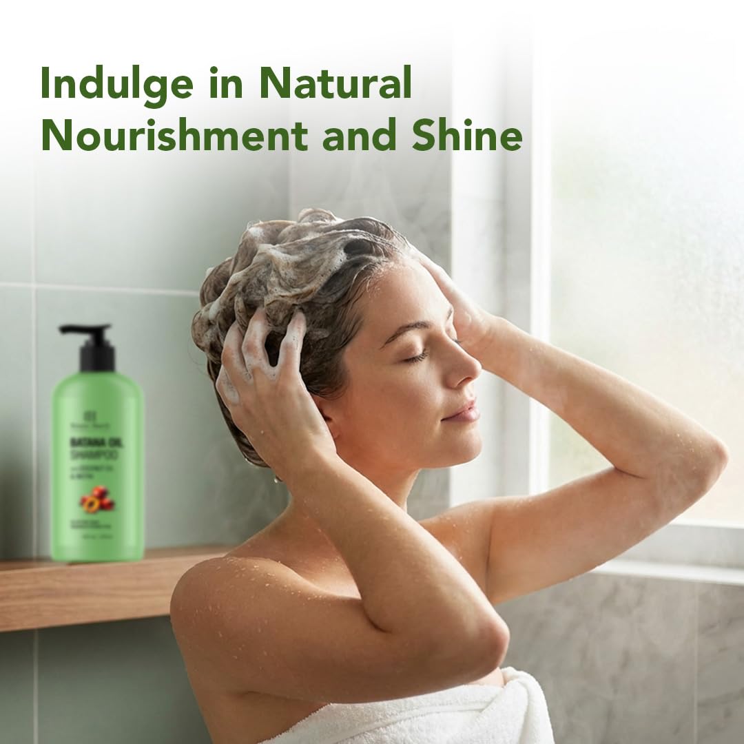 Botanic Hearth Batana Oil Shampoo in a bathroom setting