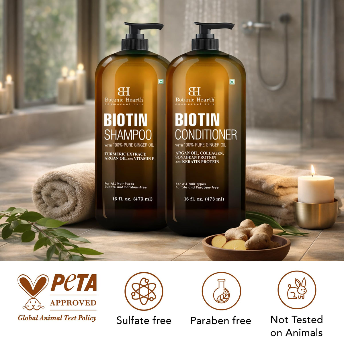 Botanic Hearth Biotin Shampoo and Conditioner Set on a bathroom shelf