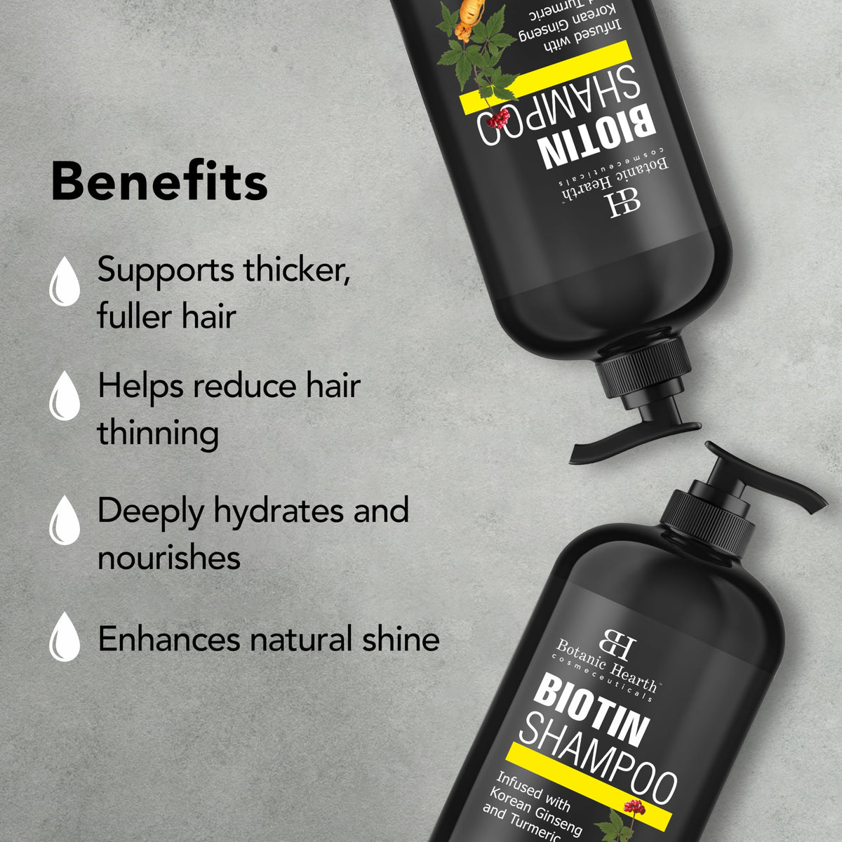 Botanic Hearth Biotin Shampoo in a bathroom setting