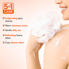 Botanic Hearth Cinnamon Body Wash on a bathroom shelf