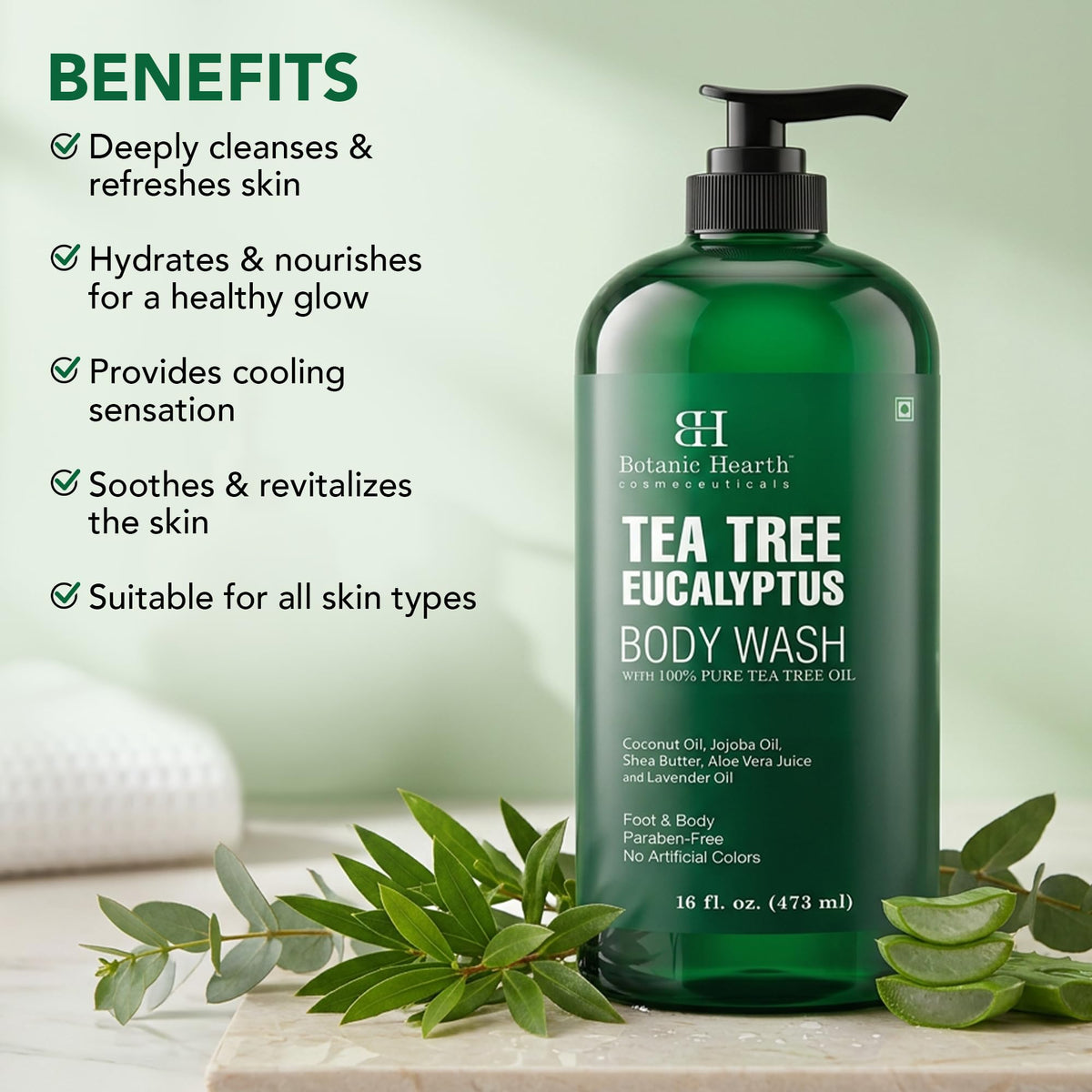 Botanic Hearth Eucalyptus & Tea Tree Body Wash in shower setting