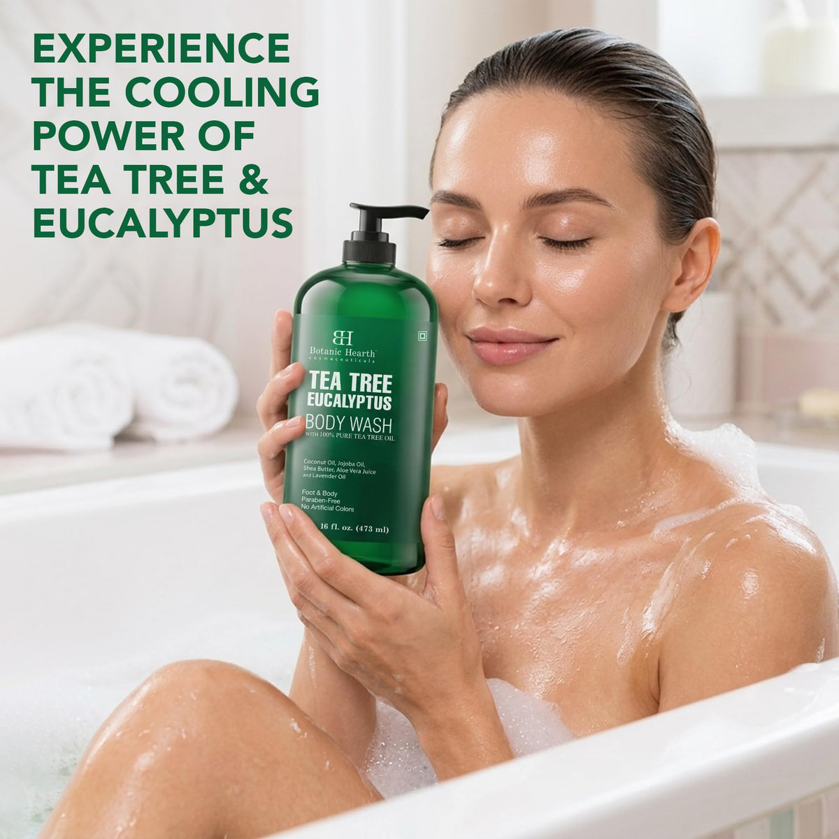 Botanic Hearth Eucalyptus & Tea Tree Body Wash pouring into hands
