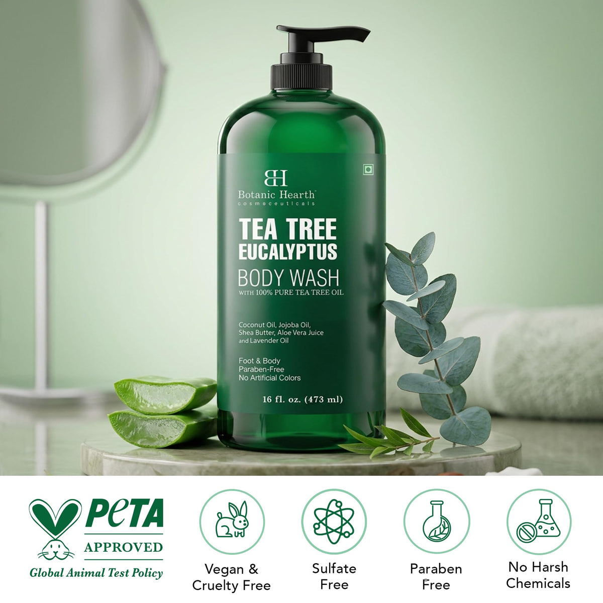 Botanic Hearth Eucalyptus & Tea Tree Body Wash with eucalyptus leaves