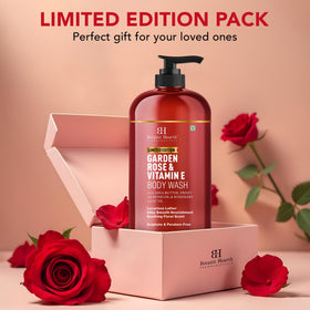 Botanic Hearth Garden Rose & Vitamin E Body Wash bottle with floral background