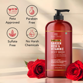 Botanic Hearth Garden Rose & Vitamin E Body Wash with ingredients displayed