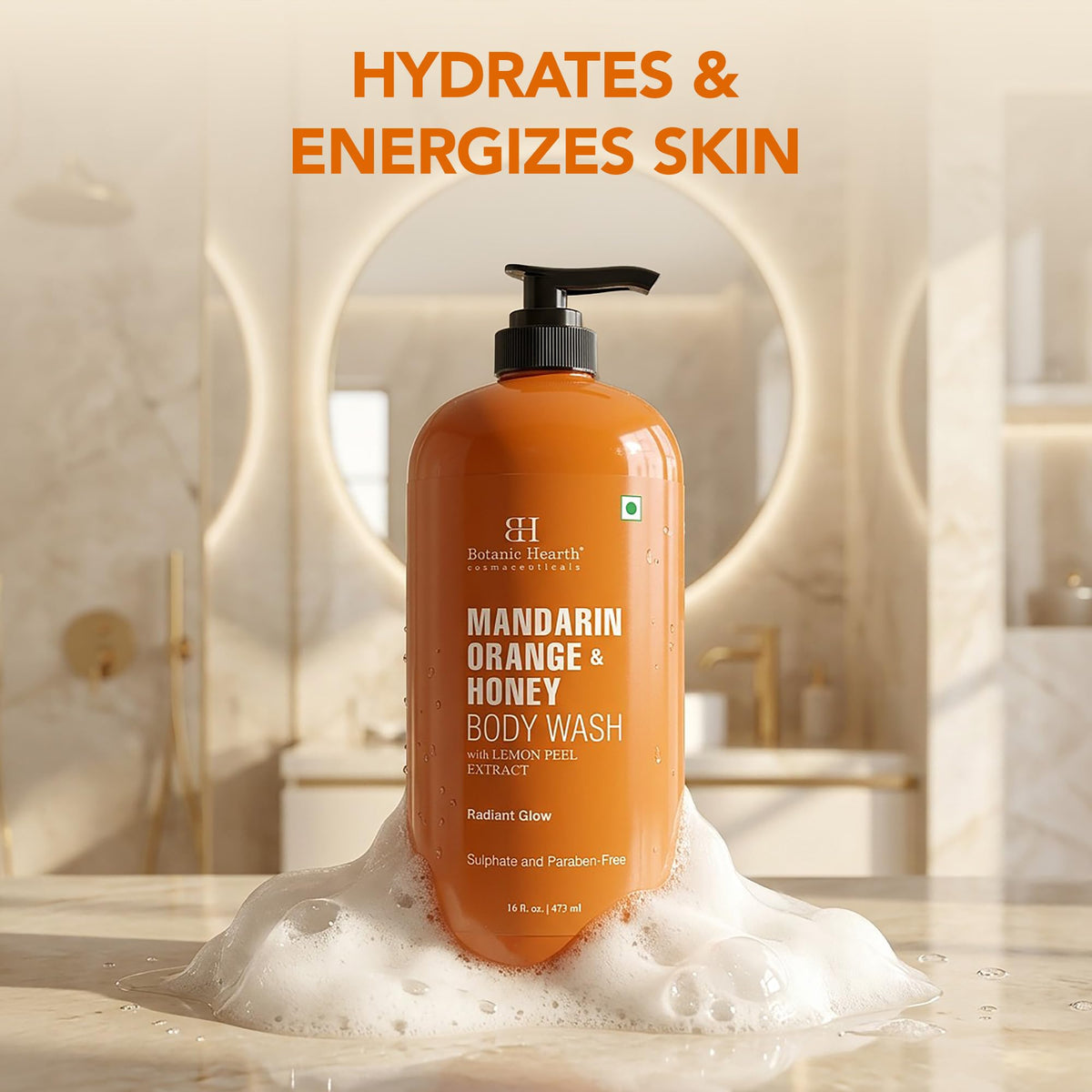 Botanic Hearth Mandarin Orange & Honey Body Wash in a bathroom setting