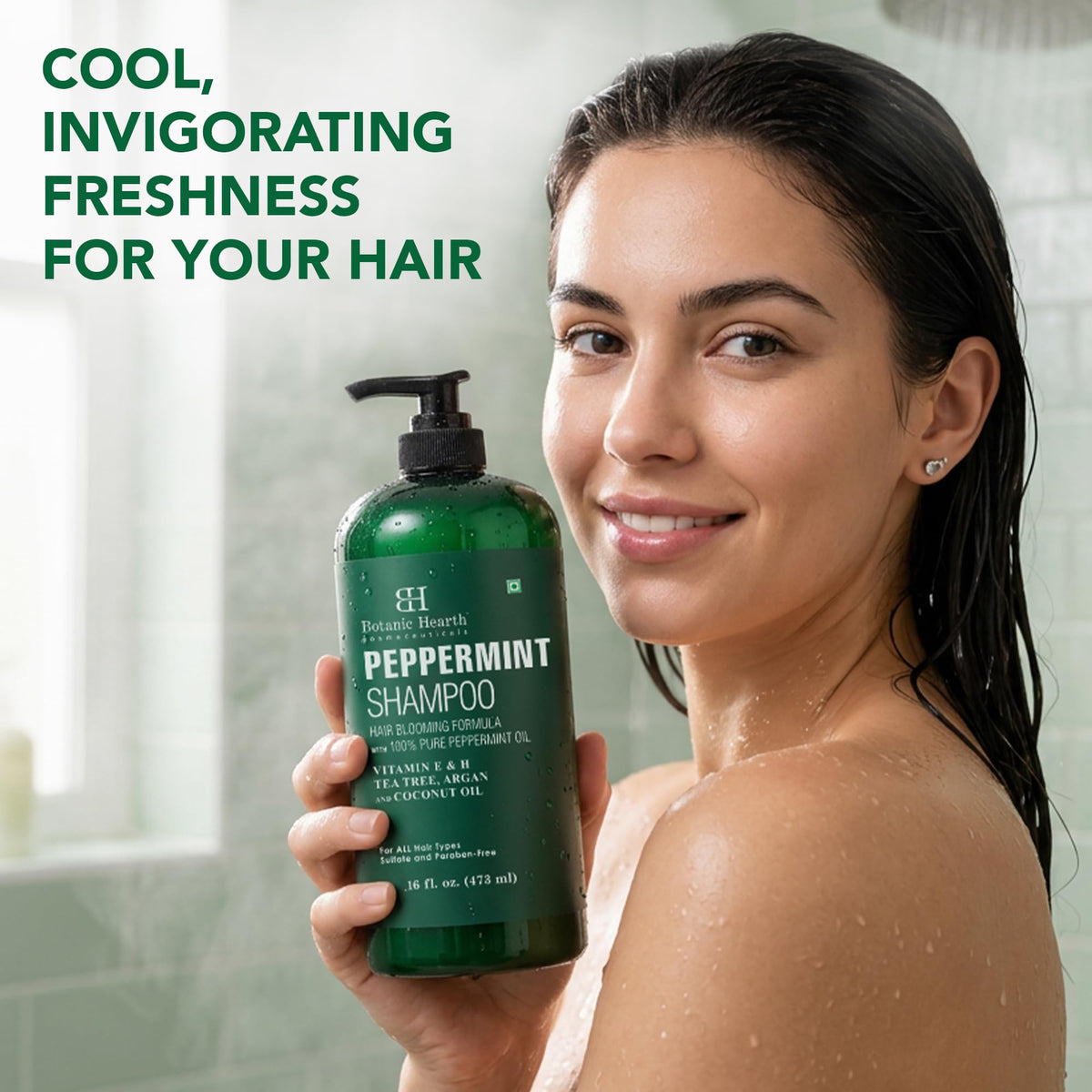 Botanic Hearth Peppermint Oil Shampoo 16 Fl oz in a bathroom setting