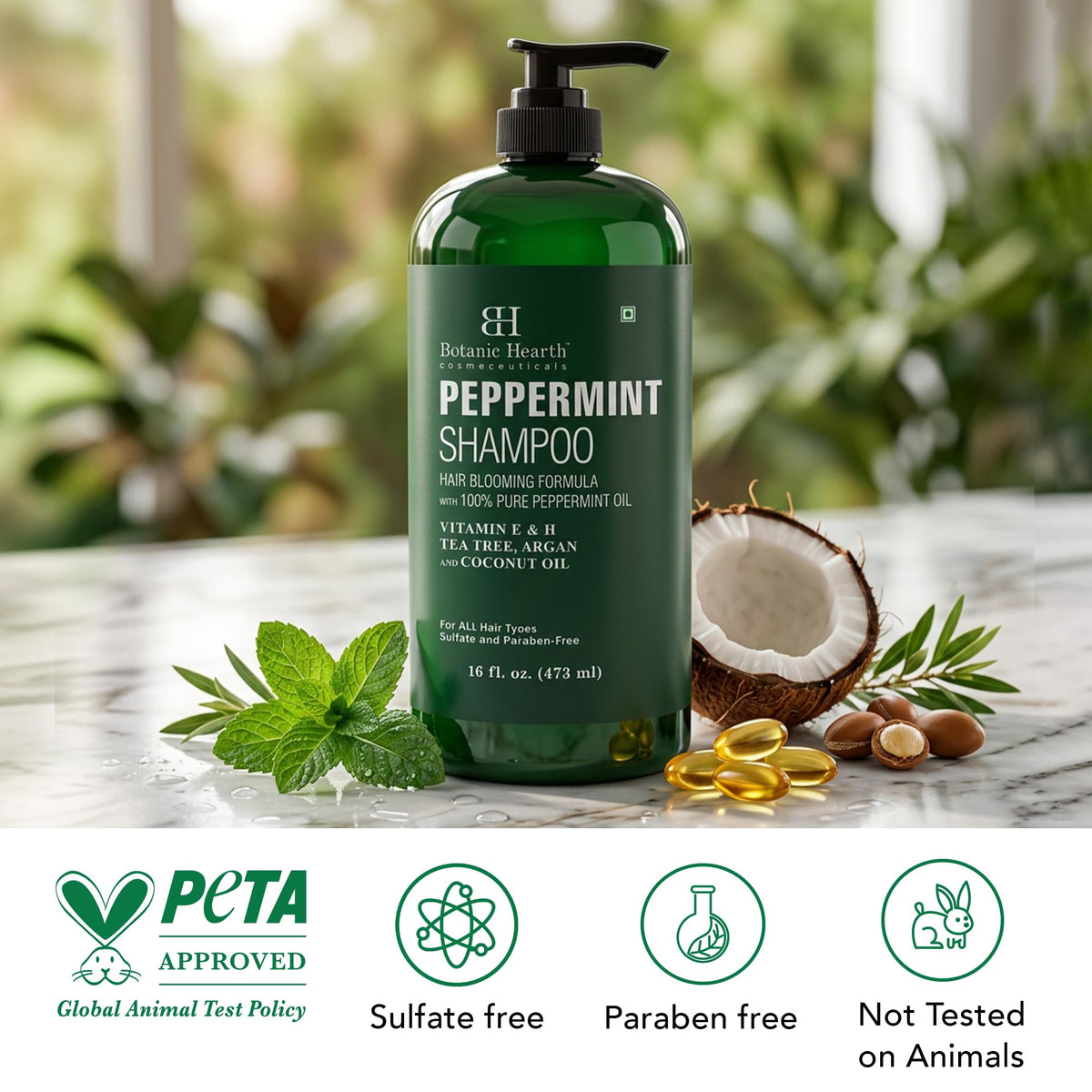 Botanic Hearth Peppermint Oil Shampoo 16 Fl oz with a fresh peppermint leaf