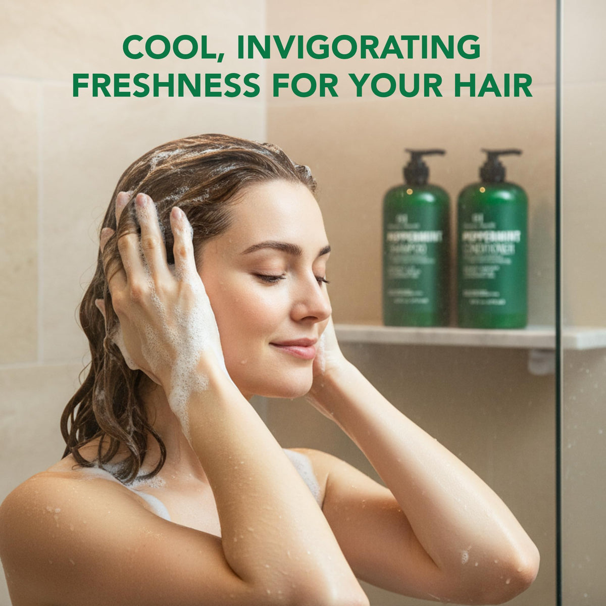 Botanic Hearth Peppermint Oil Shampoo and Conditioner Set on a bathroom shelf