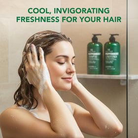 Botanic Hearth Peppermint Oil Shampoo and Conditioner Set on a bathroom shelf