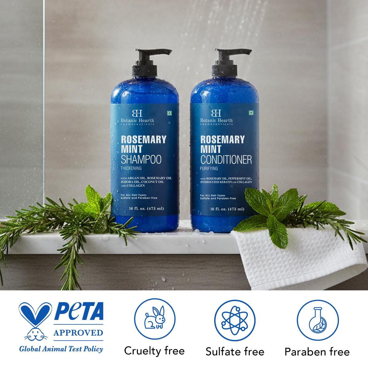 Botanic Hearth Rosemary Mint products with fresh rosemary and mint leaves
