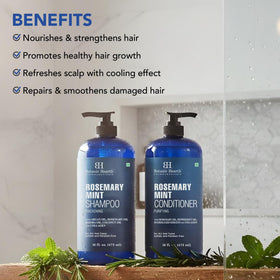 Botanic Hearth Rosemary Mint Shampoo and Conditioner on bathroom shelf