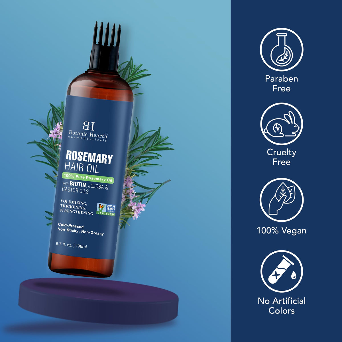 Botanic Hearth Rosemary Oil bottle with herbal background
