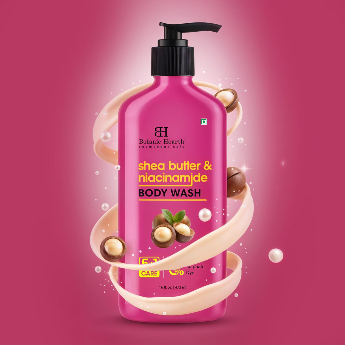 Botanic Hearth Shea Butter & Niacinamide Body Wash pouring into hand