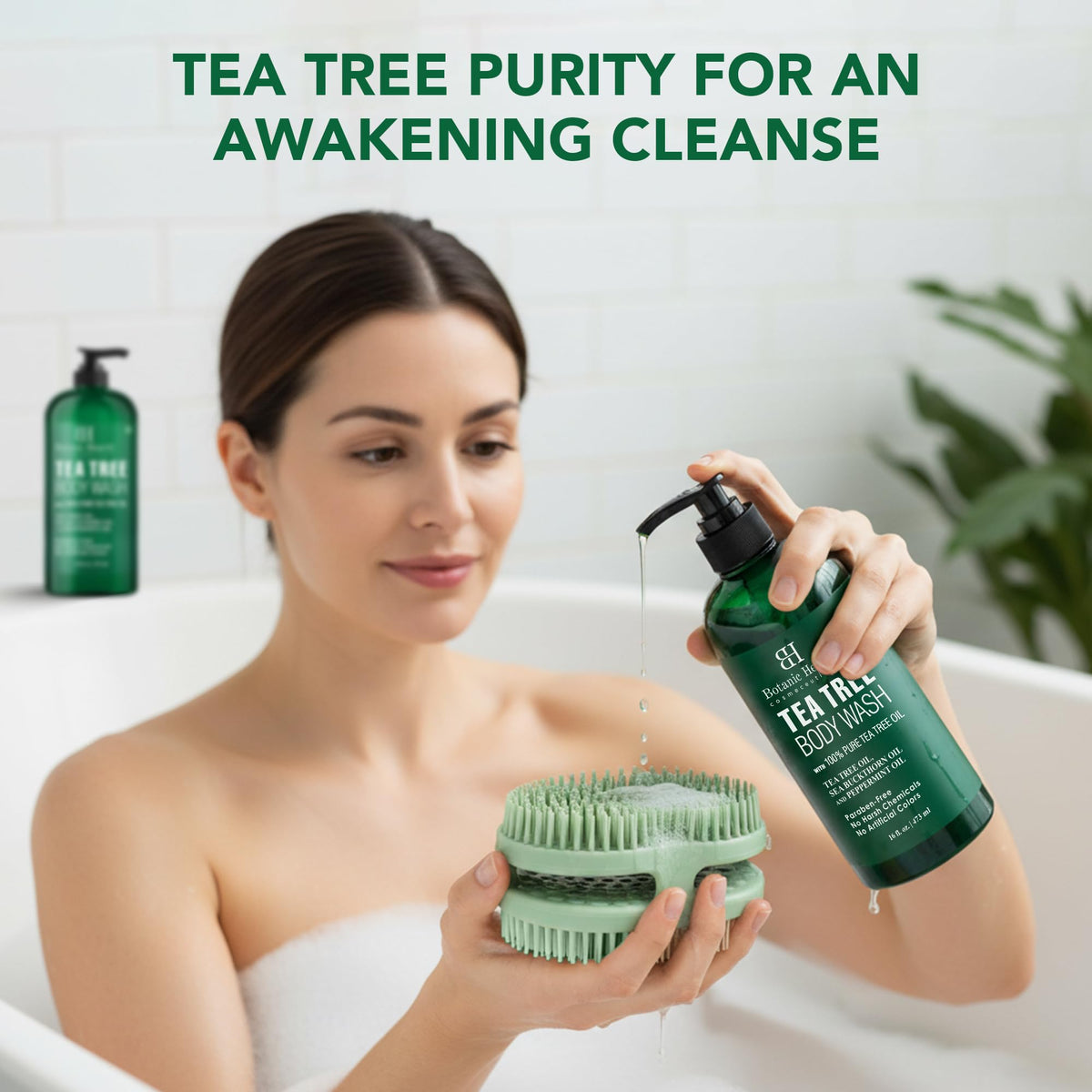 Botanic Hearth Tea Tree Body Wash and brush set packaging