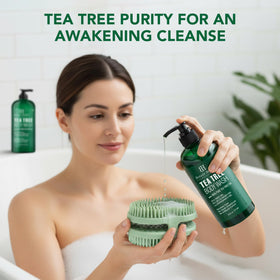 Botanic Hearth Tea Tree Body Wash and brush set packaging
