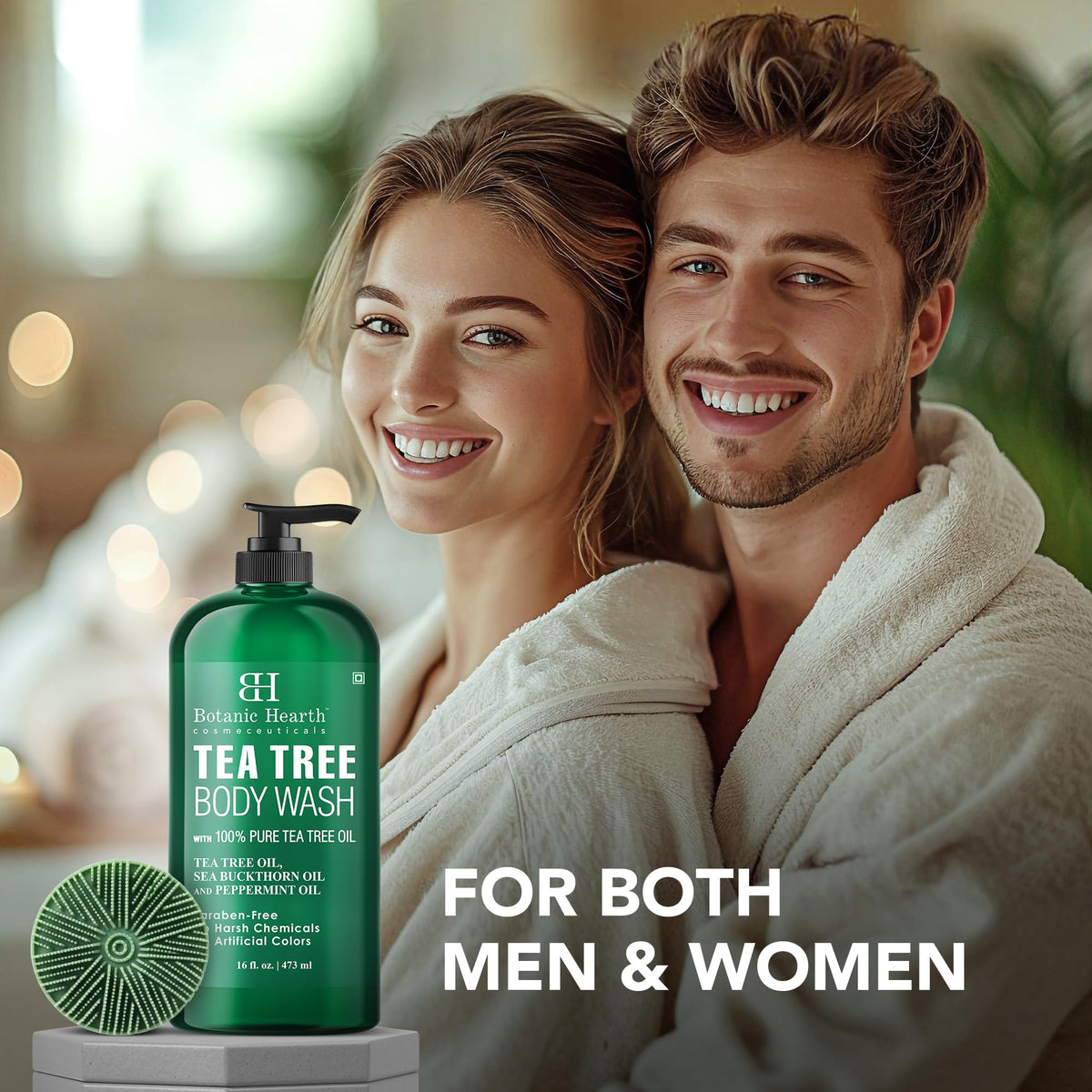 Botanic Hearth Tea Tree Body Wash with brush in bathroom setting