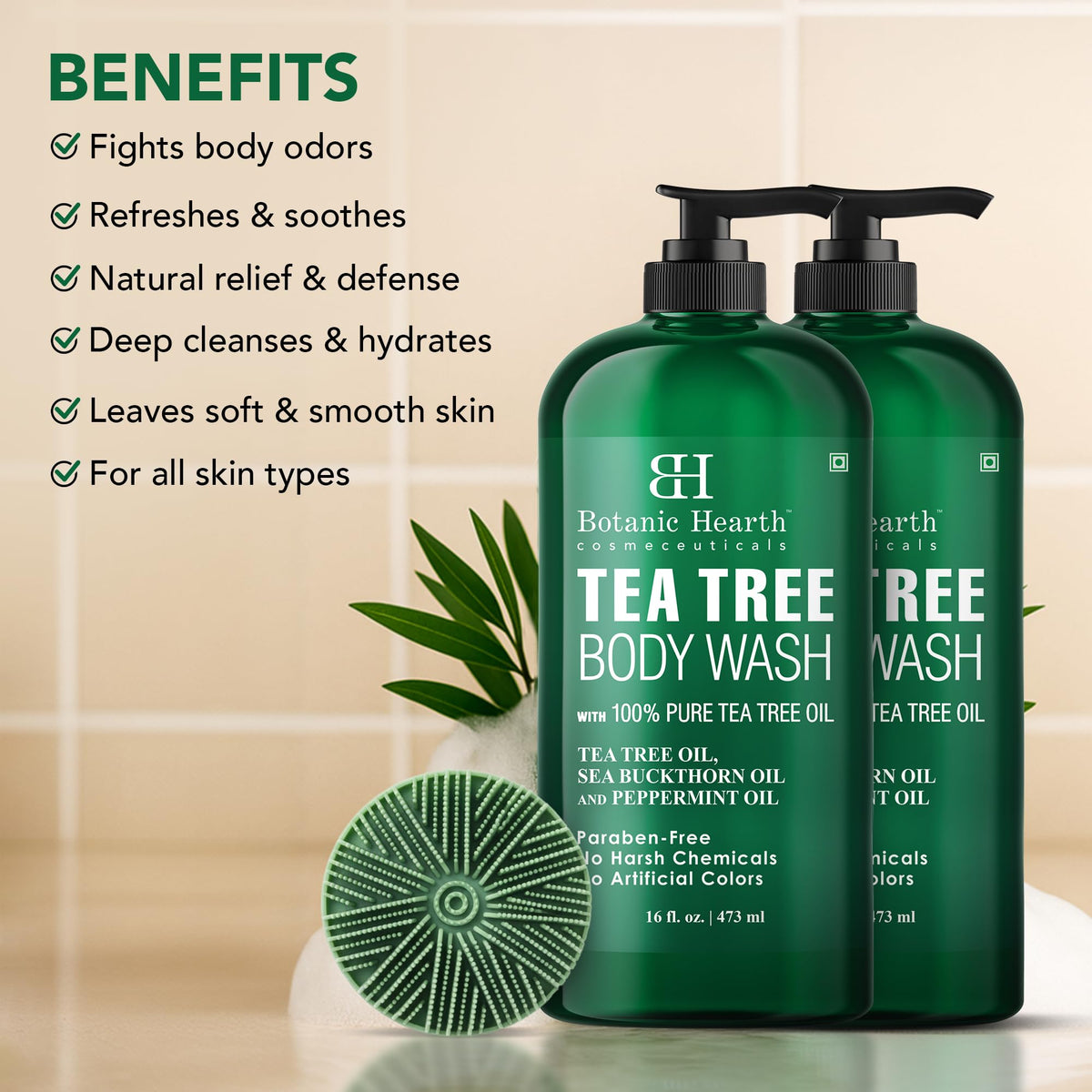 Botanic Hearth Tea Tree Body Wash with brush set on a bathroom shelf