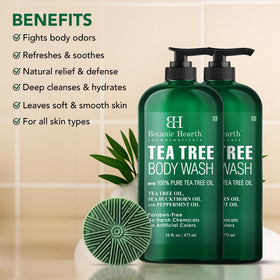 Botanic Hearth Tea Tree Body Wash with brush set on a bathroom shelf